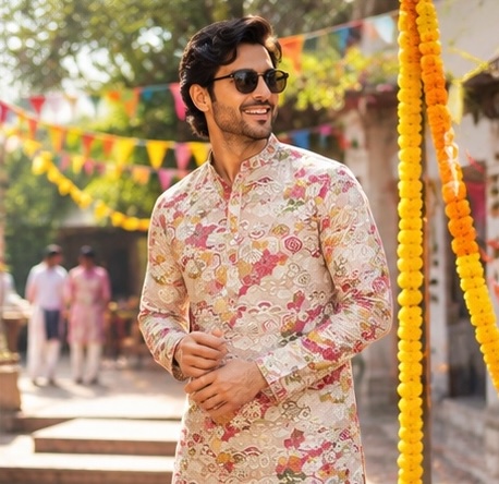 ShreeVastram Crimson Heritage Floral Brocade Kurta Set
